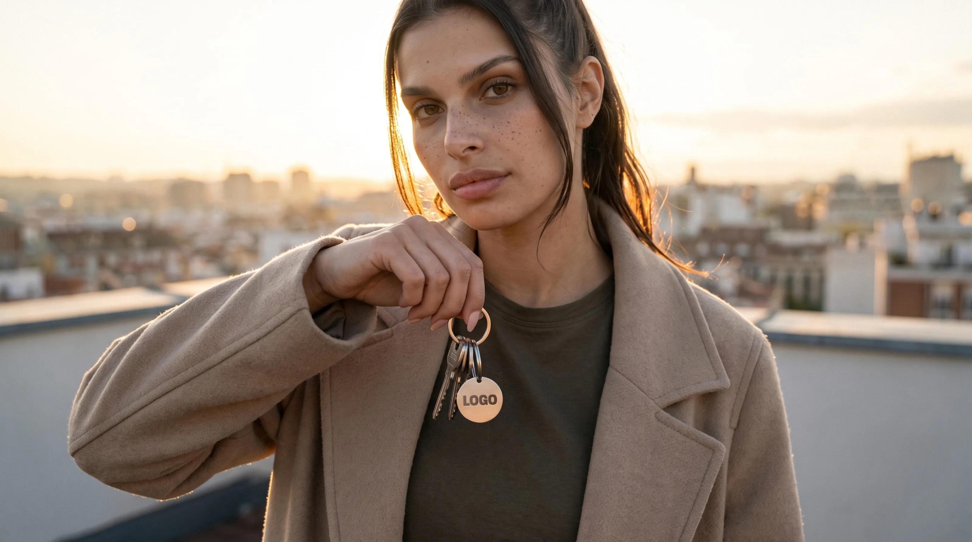 Woman on a rooftop holding her keyring with an engraved tag carrying a company logo