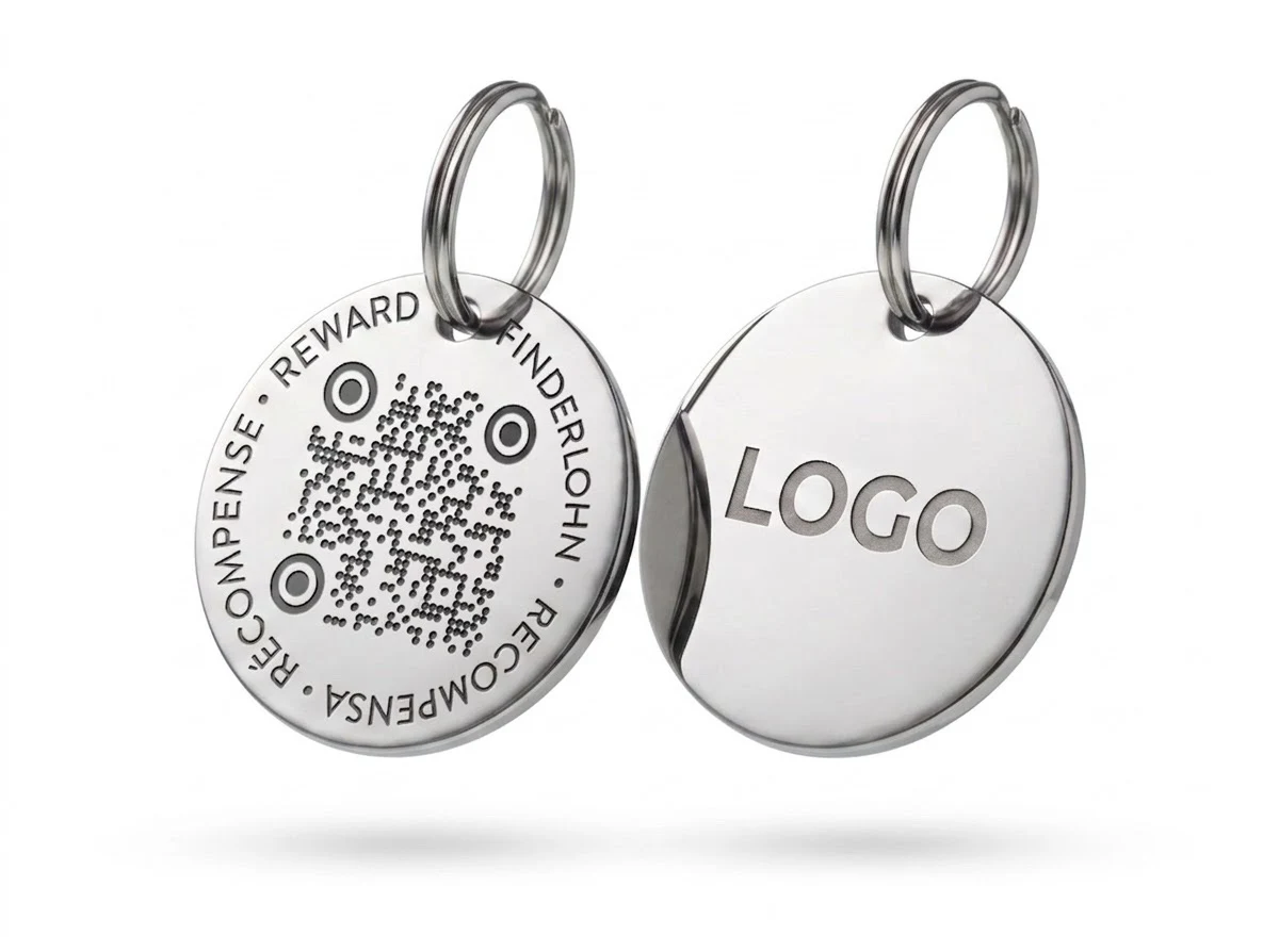 Stainless steel tag: QR code on the front, logo engraving on the back